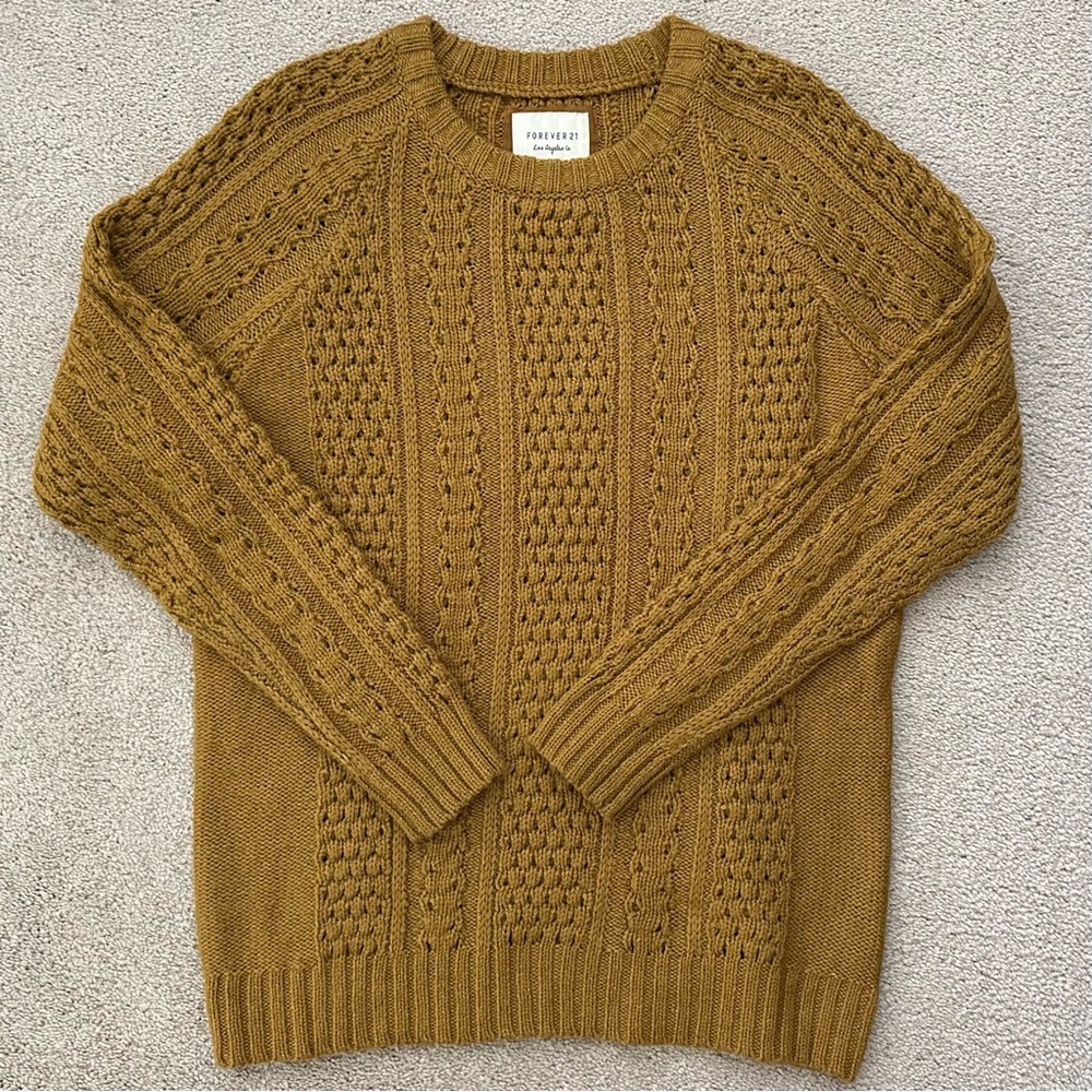 Cable Knit Fisherman Crewneck Sweater In Camel / Tan / Mustard Brown